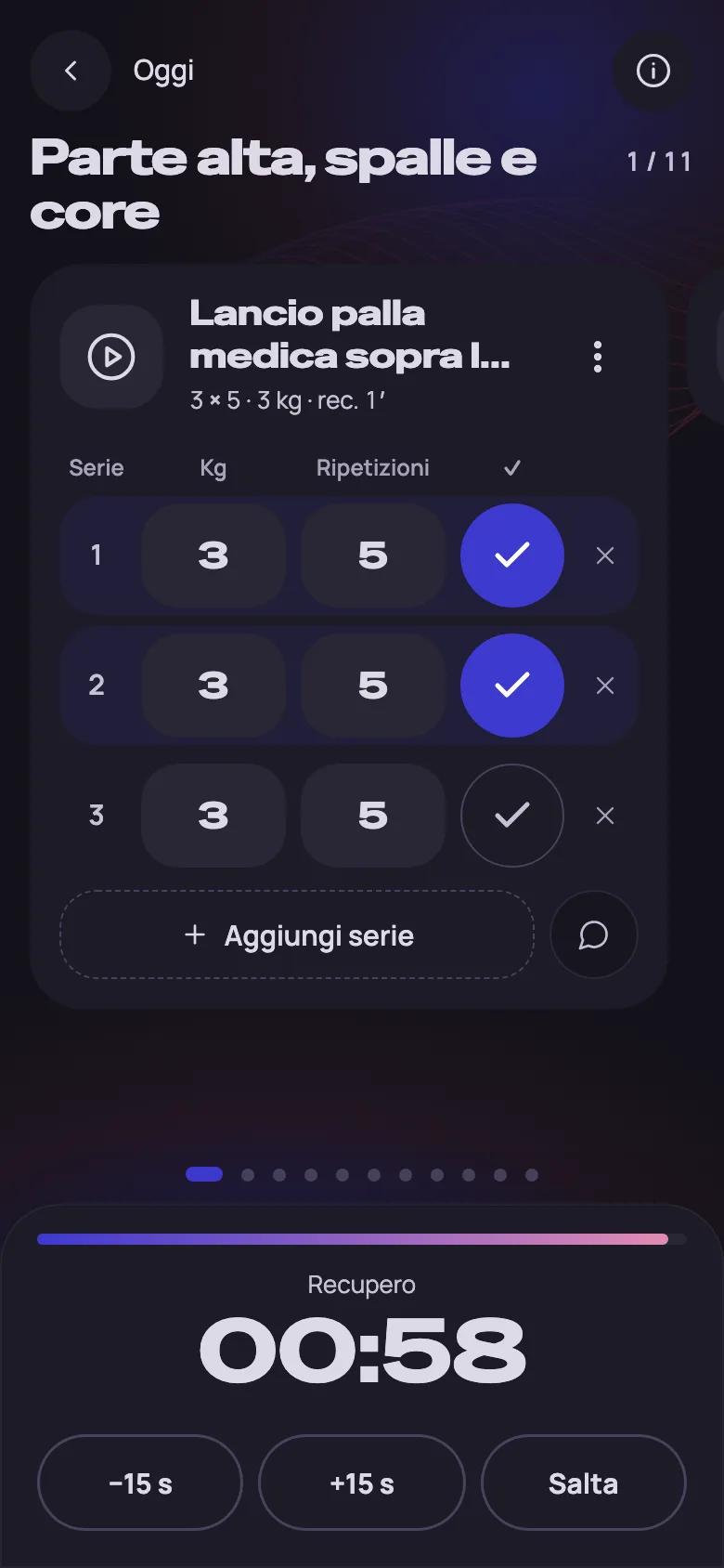 Schermata di allenamento dell’app atleta, con il timer dell’esercizio