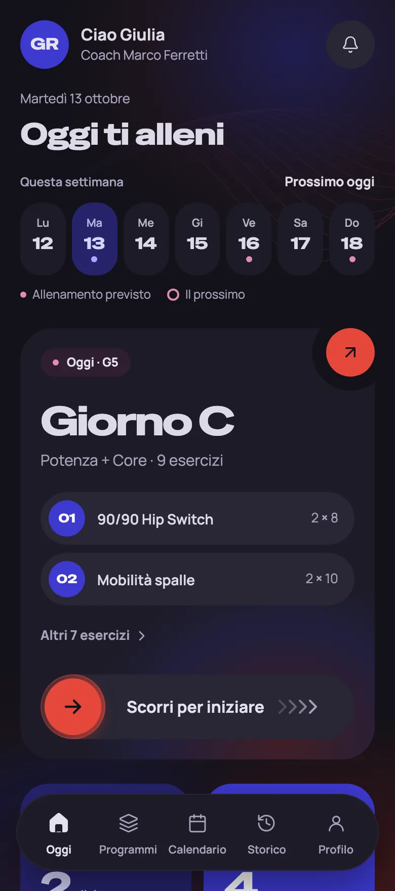 La schermata Oggi dell’app atleta, con l’allenamento del giorno