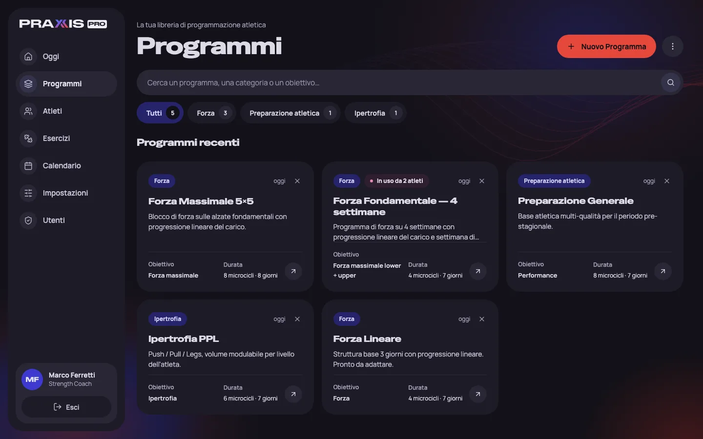 Schermata di Praxis Pro con l’elenco dei programmi del coach